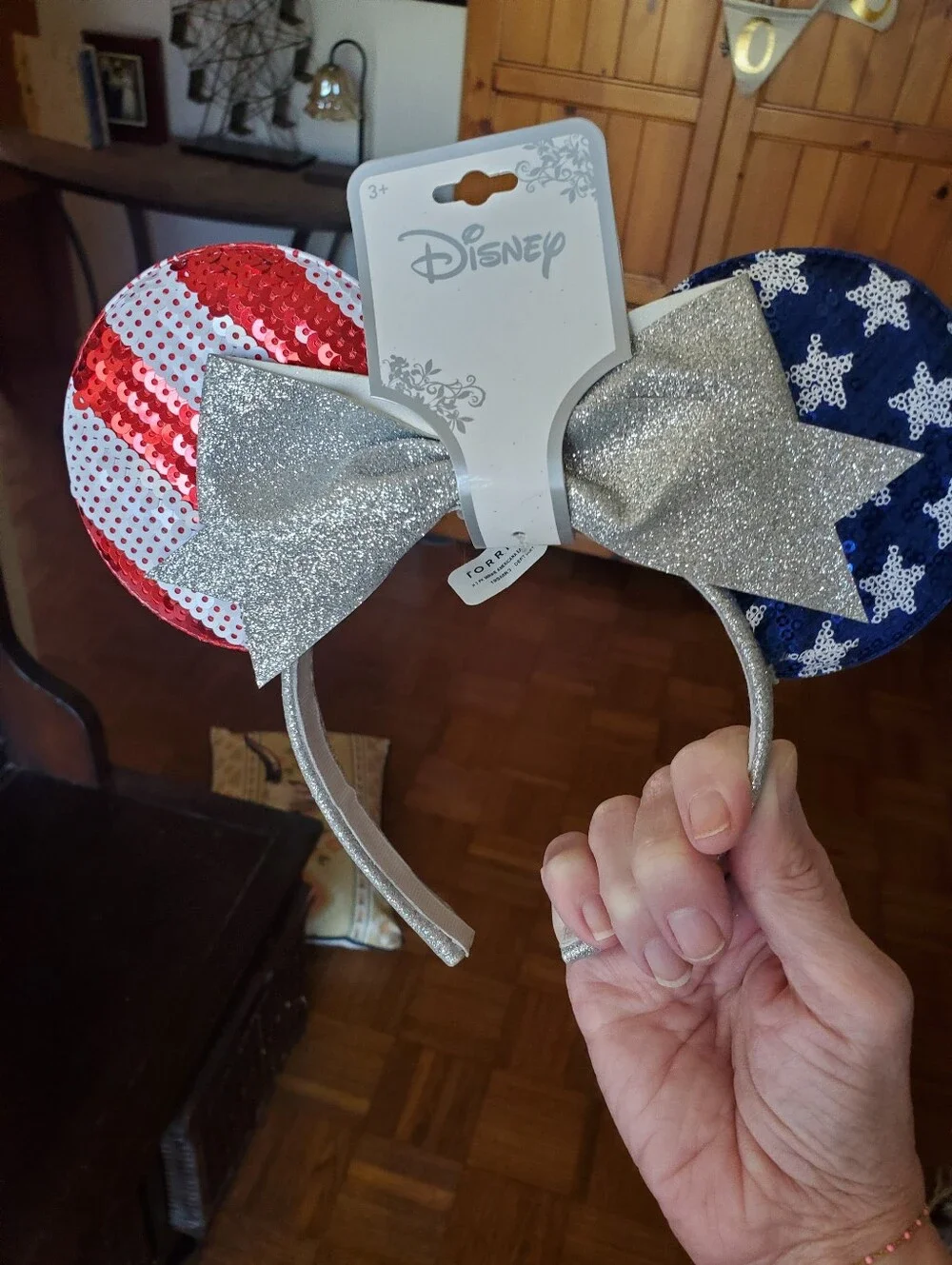Disney Patriotic Sequin Minnie Ear Headband with Silver Bow